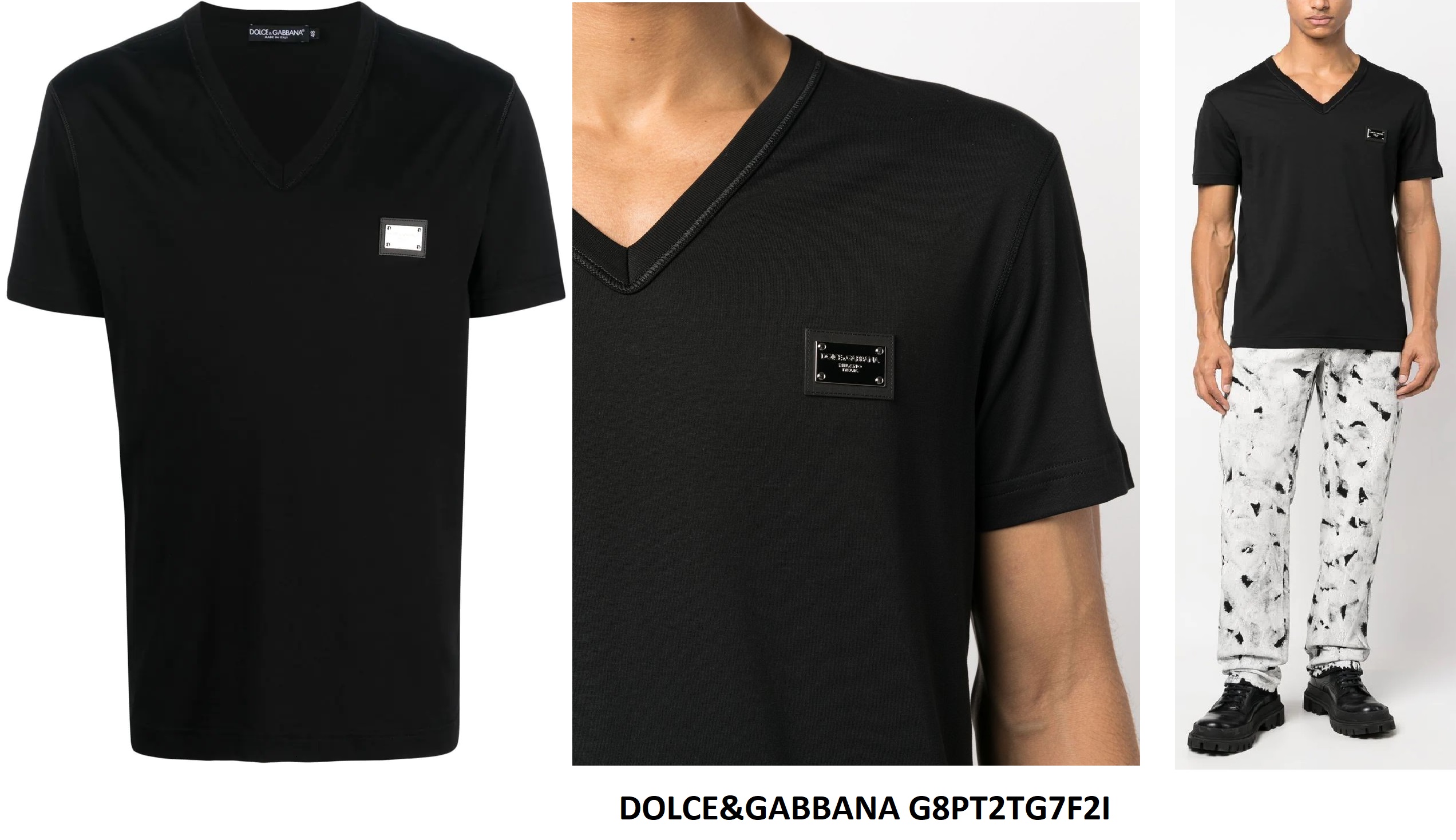 Dolce & Gabbana Logo Plaque V-Neck T-Shirt — Black