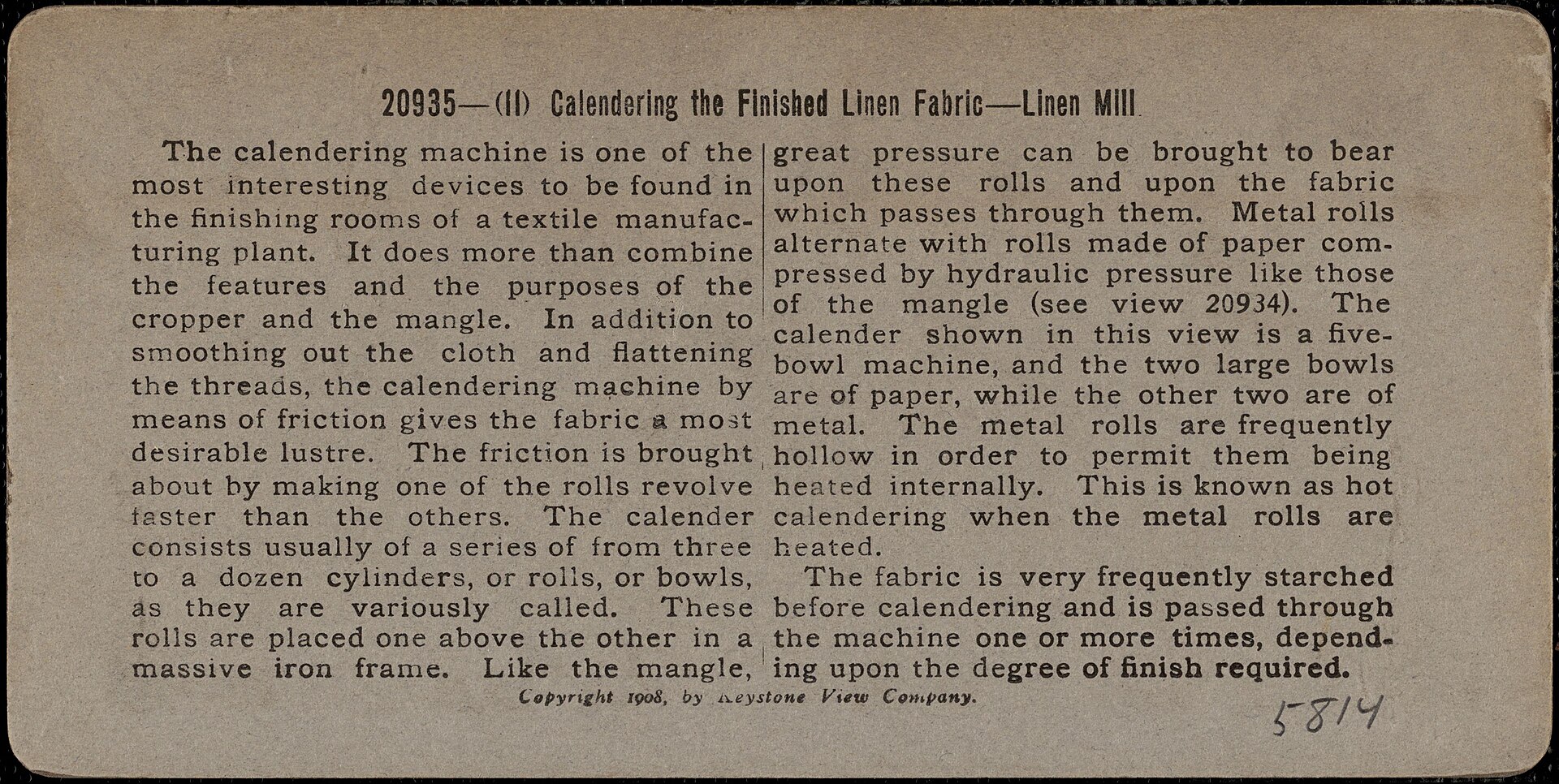 Title from item.; Numbers on item: 274 and 20935.; Image caption: Calendering the finished linen fabric - linen industry, Canada.; Date from