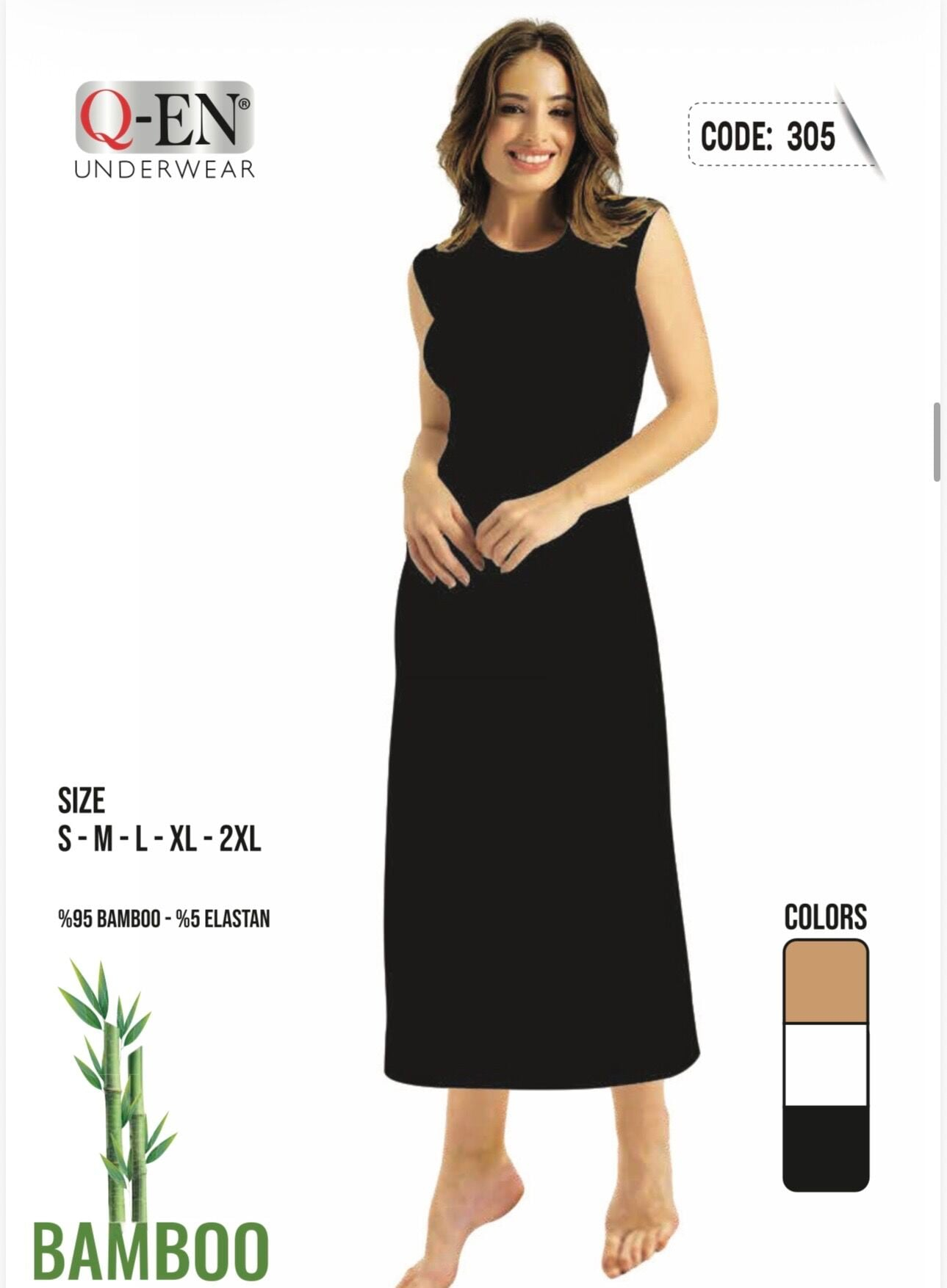 Q-EN Combinación, viscosa de bambú, sin mangas, largo largo — 305