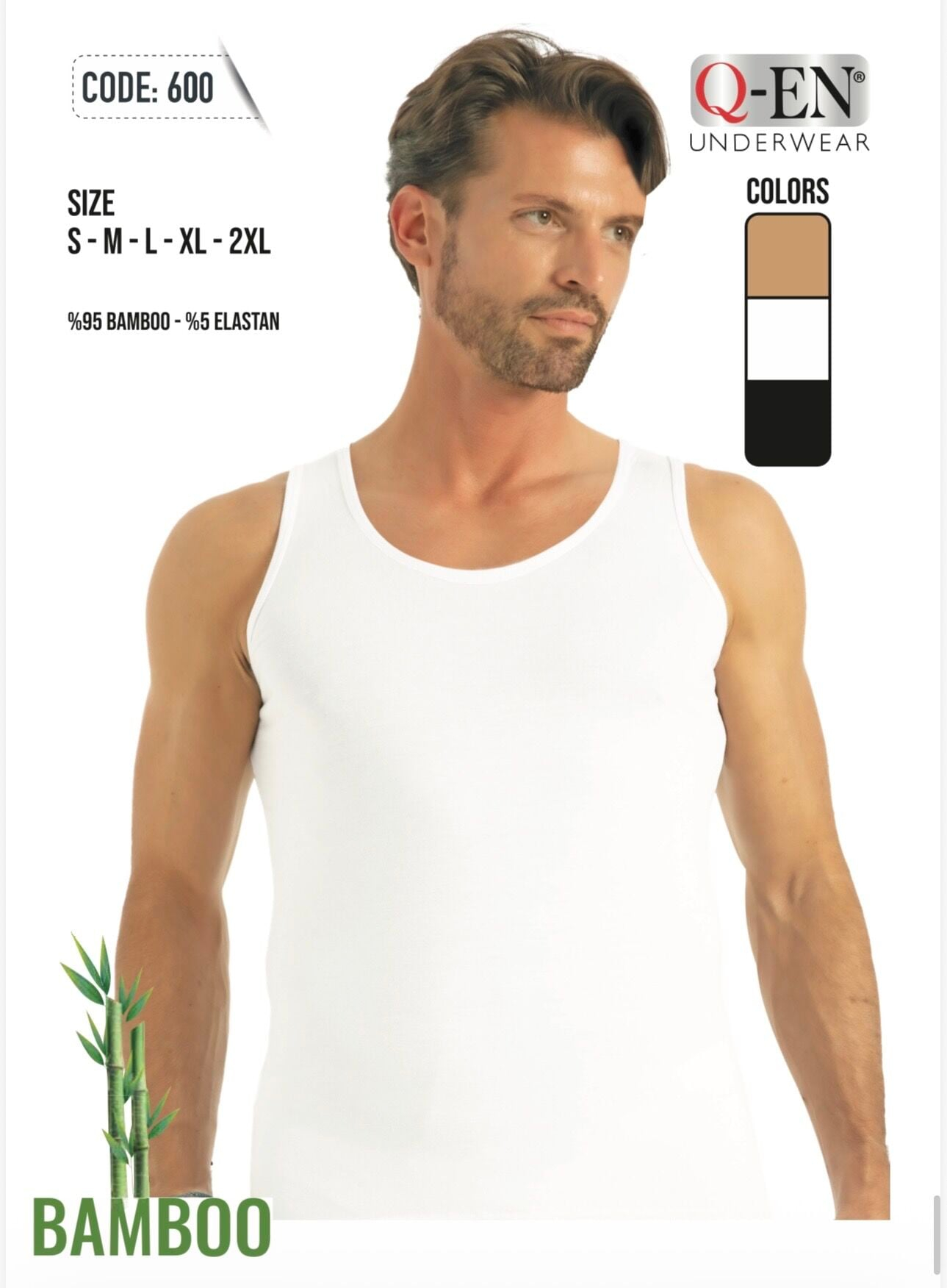 Q-EN Camiseta interior de hombre, viscosa de bambú — 600