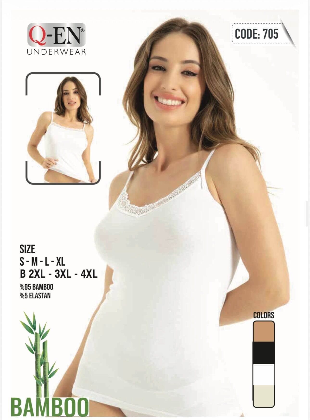 Q-EN Camiseta interior, viscosa de bambú, tirantes finos, reversible — 705