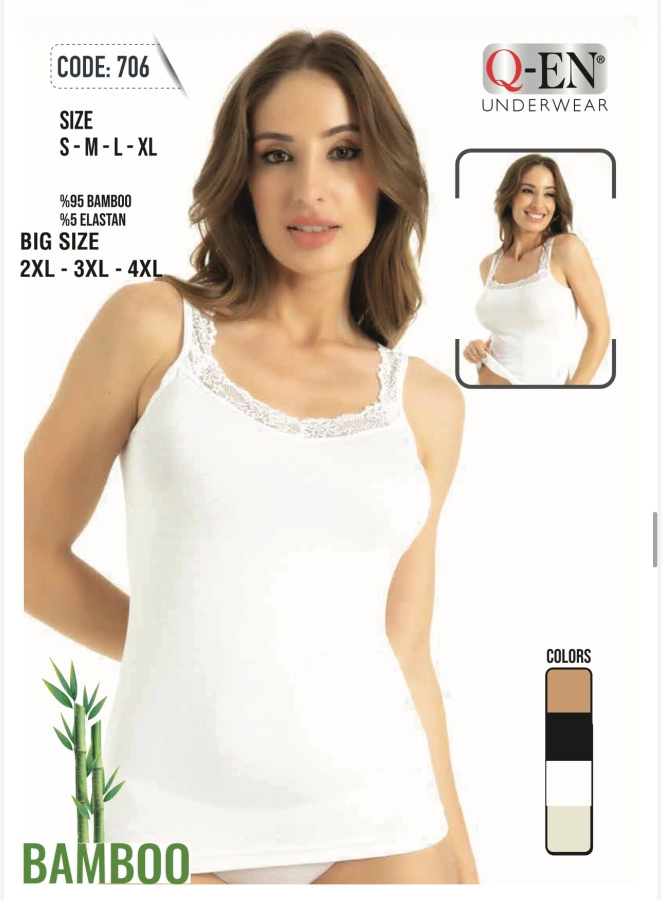 Q-EN Camiseta interior, viscosa de bambú, tirantes anchos, reversible — 706