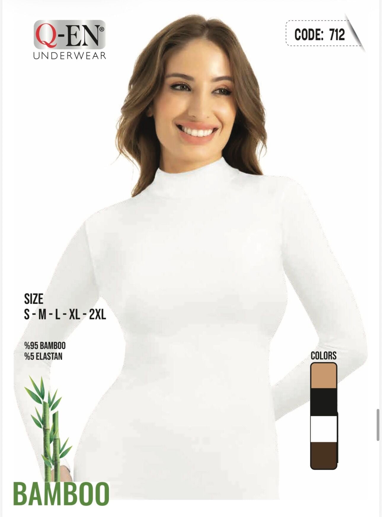 Q-EN Top de cuello alto, viscosa de bambú, manga larga — 712