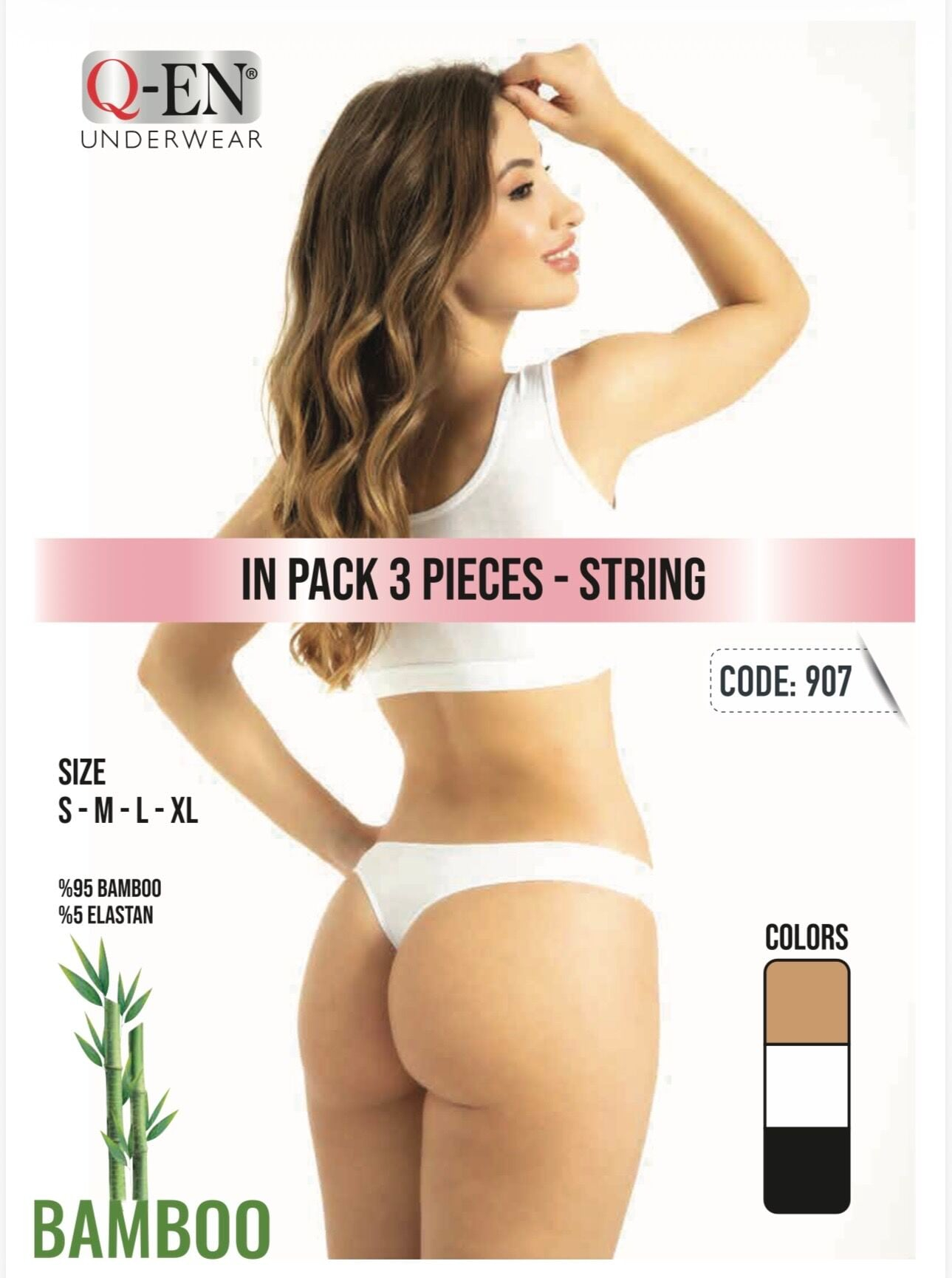 Q-EN Tanga, viscosa de bambú, pack de tres, colores surtidos — 907